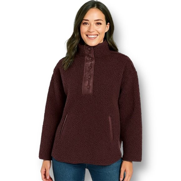 Athleta L Sherpa Sweatshirt Spiced Red Wine Snap Fleece Pullover Outdoor Cabin - Picture 1 of 10